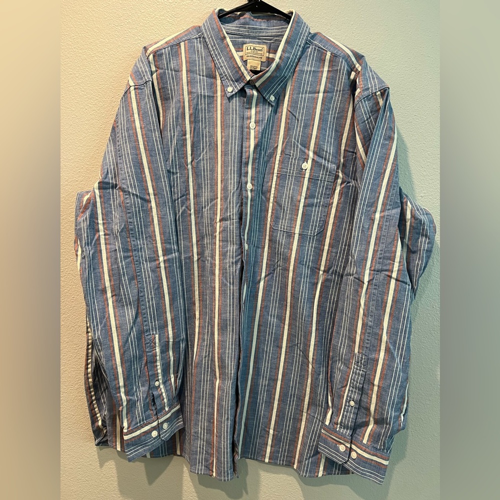 L.L. Bean Men's Blue Chambray Shirt with red and white stripes. Traditional fit.